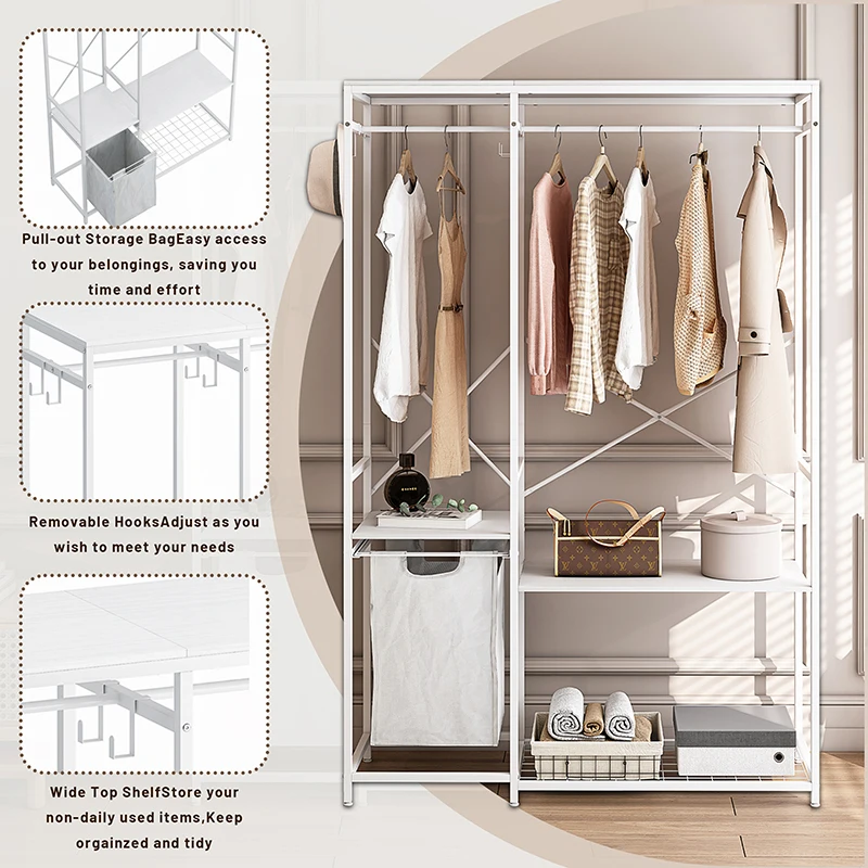 Portable Wardrobe Clothes Rack, Freestanding Clothing Rack with Bottom Mesh Storage Rack, Multi-functional Bedroom Clothing Rack