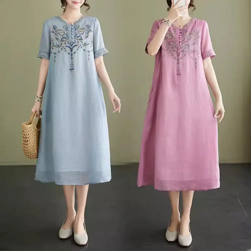 

Sweet Fashion Simple And Casual Literary Ethnic Style Linen Cotton Embroidered Dress Loose Short Sleeve Large Size Dress K1077