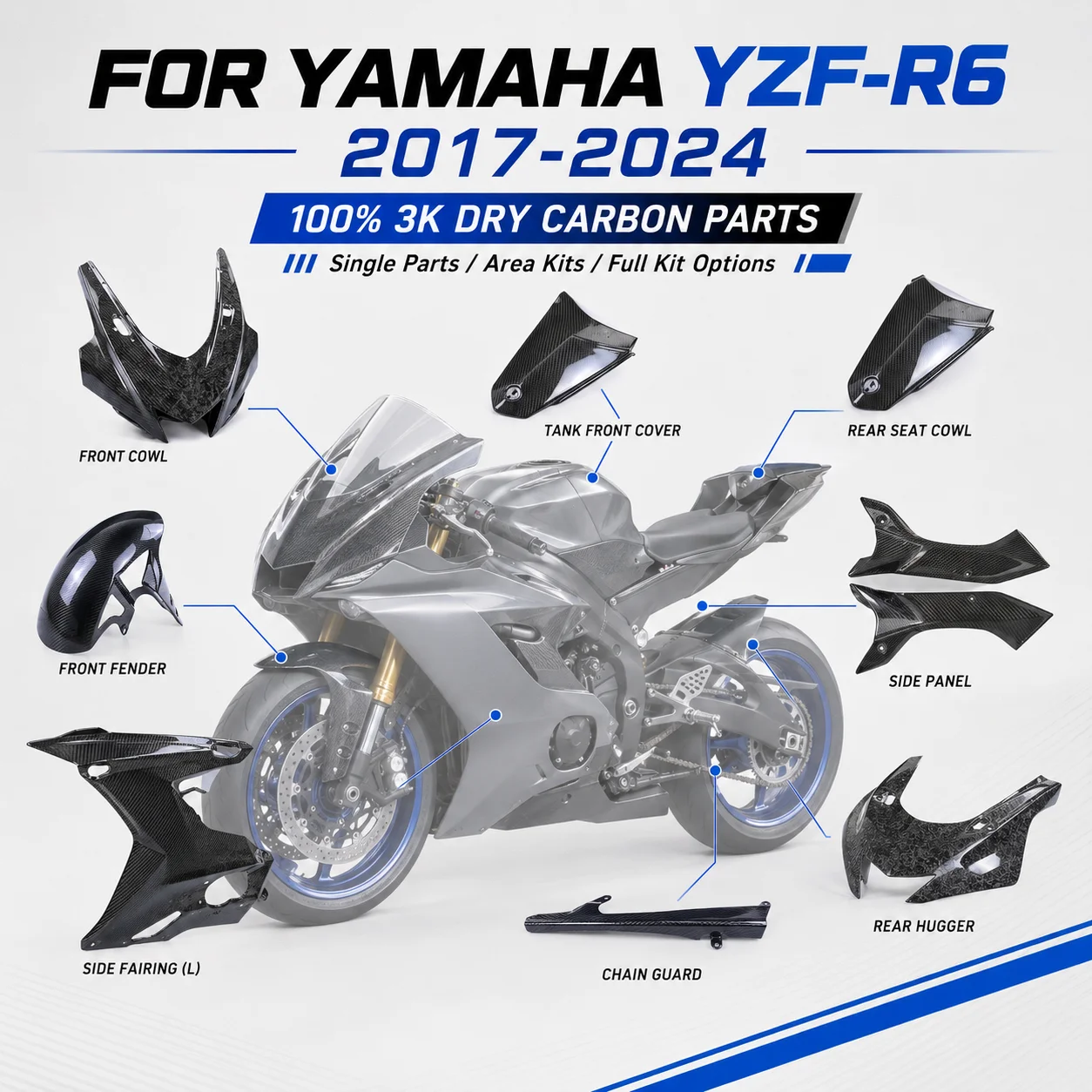 Fairing Kits 100% 3K Dry Carbon Front Fender Side Panel Tail Cover for Yamaha YZF R6 2017 2018 2019 2020 2021 2022 2023 2024