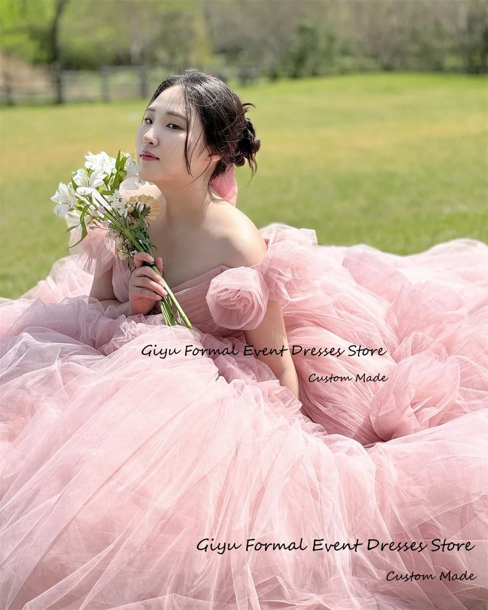 Giyu-Vestido de casamento coreano drapeada até o chão, flores rosa 3D, vestido de noite com faixa preta, Sessão Fotográfica, 2022