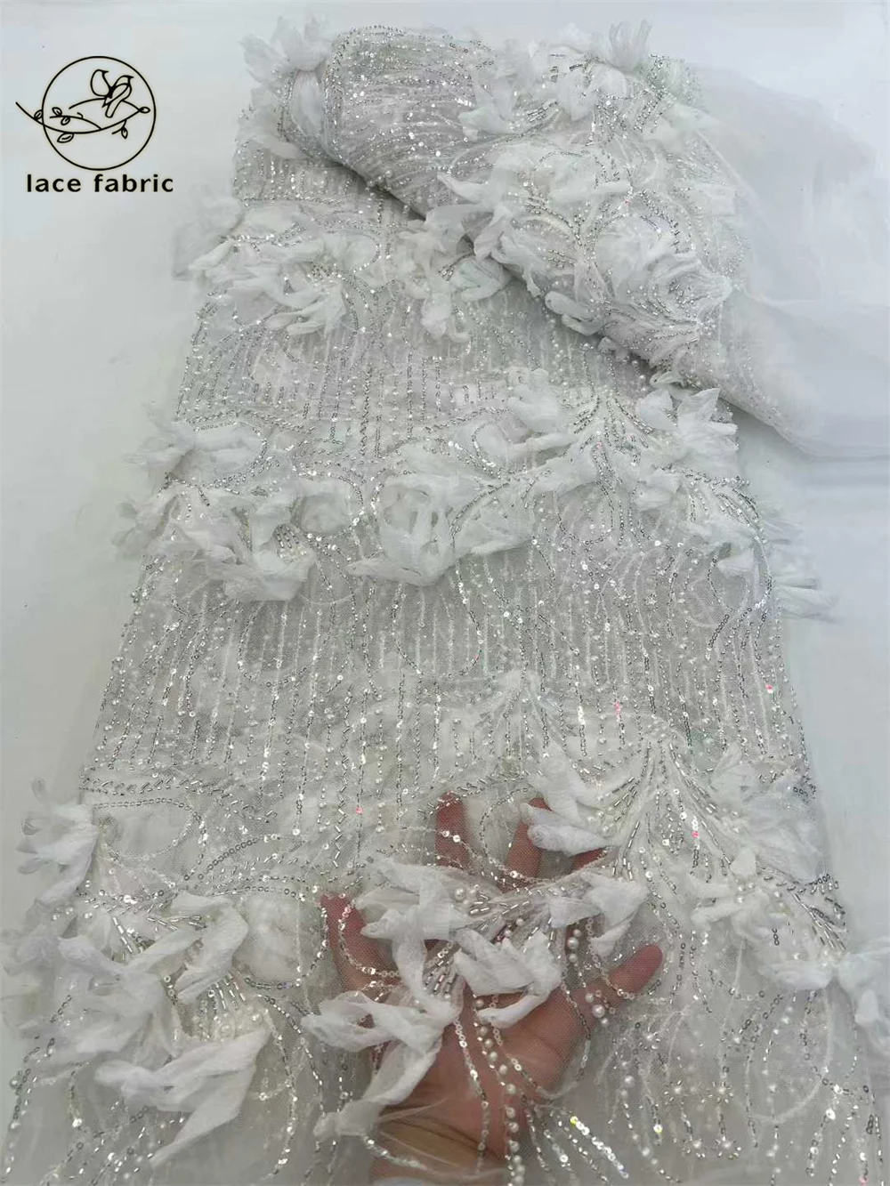 

White 3D Lace African Beaded Lace Fabric 5 Yards 2026 Nigerian Tulle Sequined Lace Fabric Party Women's Wedding Dresses Sewing