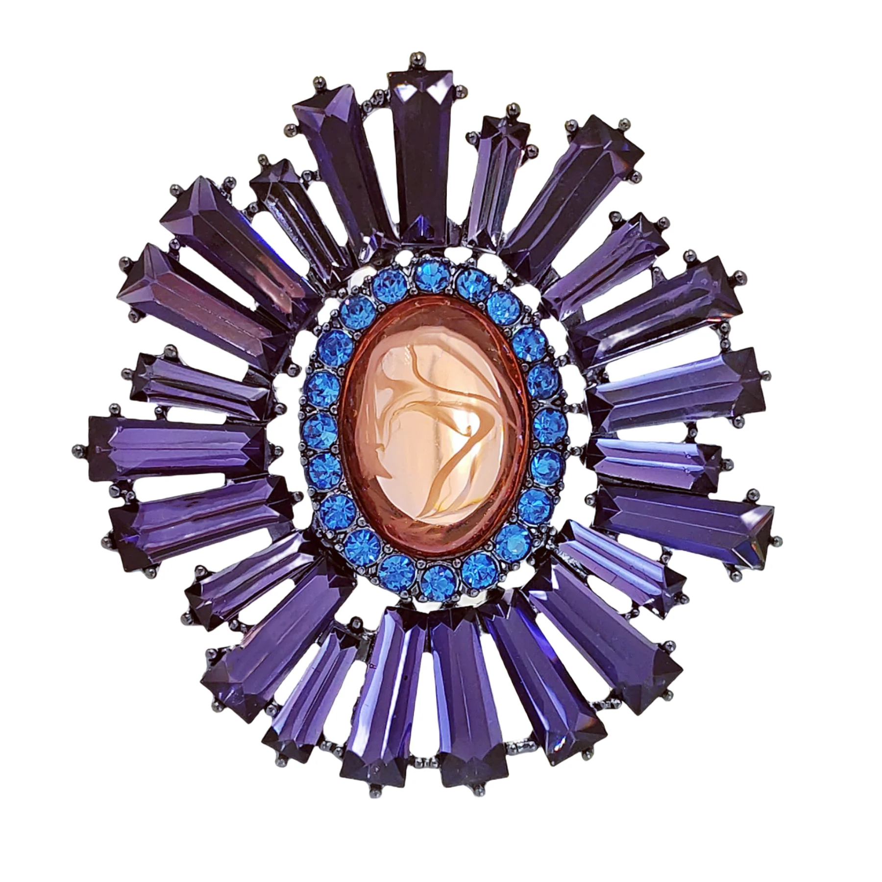 

Wonderful Statement Purple and Brown Oval Flower Brooch Pin Keystone Jewelry