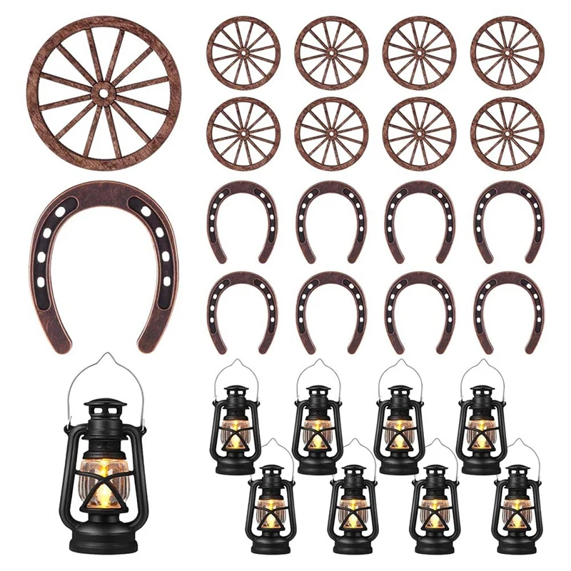 24Pcs Western Theme Partydecorations Cowboy Table Centerpieces Lucky Horseshoe Mini Lanterns Wooden Four Wheel Crafts