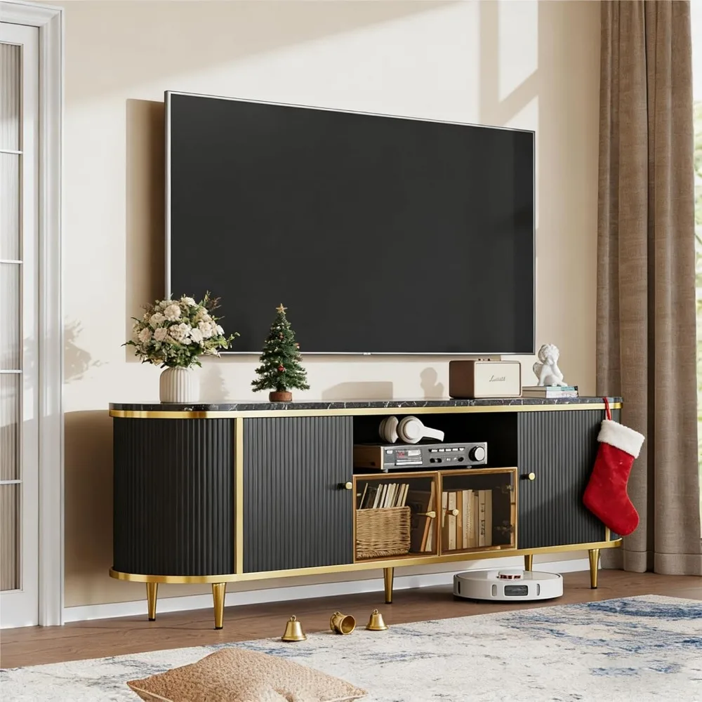 

70 Fluted TV Stand, Modern Entertainment Center for TVs Up to 80”, TV Console with Faux Marble Tabletop, Curved Profile D