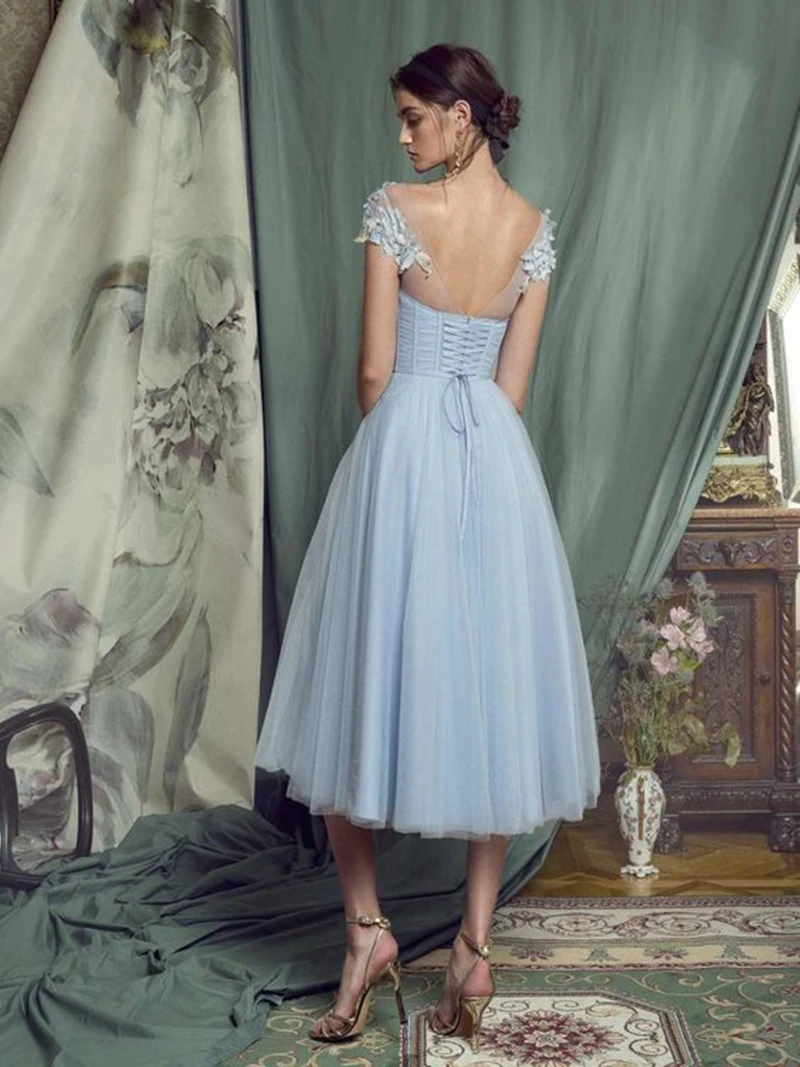 JEHETH Sky Blue A linea Abiti da sera corti 2022 Appliques 3D Lace-up Back Tea Length vestidJEHETH Sky Blue A line abiti da sera corti 2022 Appliques 3D Lace-up Back Tea Length vestidos de fiesta abito da festa formale