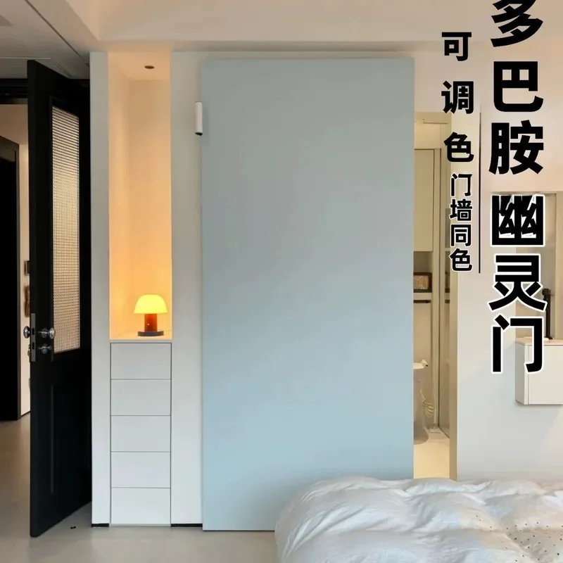 for Minimalist Blue Flat Ghost Sliding Door for Bathroom Kitchen Hidden Pocket Door with Sling Rail System Colored Interior