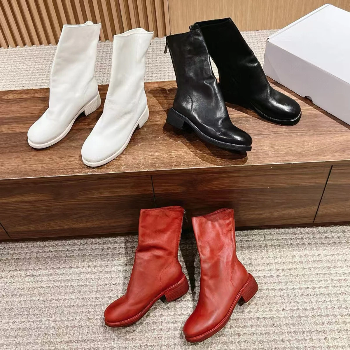 

NIGO Women's Vintage Fashion Casual Washed Cowhide Chelsea Boots Pleated Derby Shoes Back Zip Heel 2.5cm 788# #NGSH1389