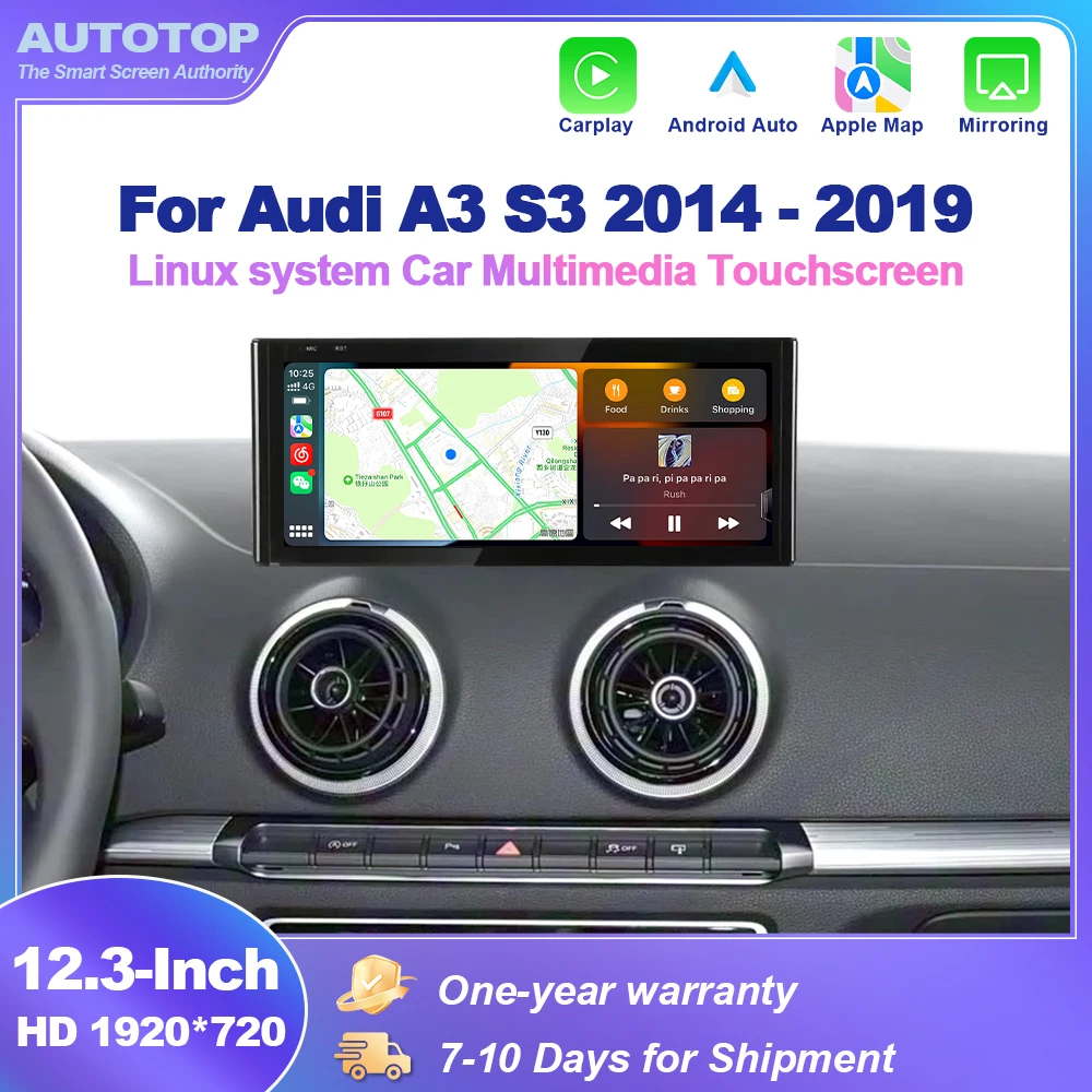 AUTOTOP Lettore Multimediale con Schermo Touch da 12,3 Pollici 1920*720P per Audi A3 S3 2014-2019, CarPlay Wireless, Android Auto, AutoLink, GPS, WiFi