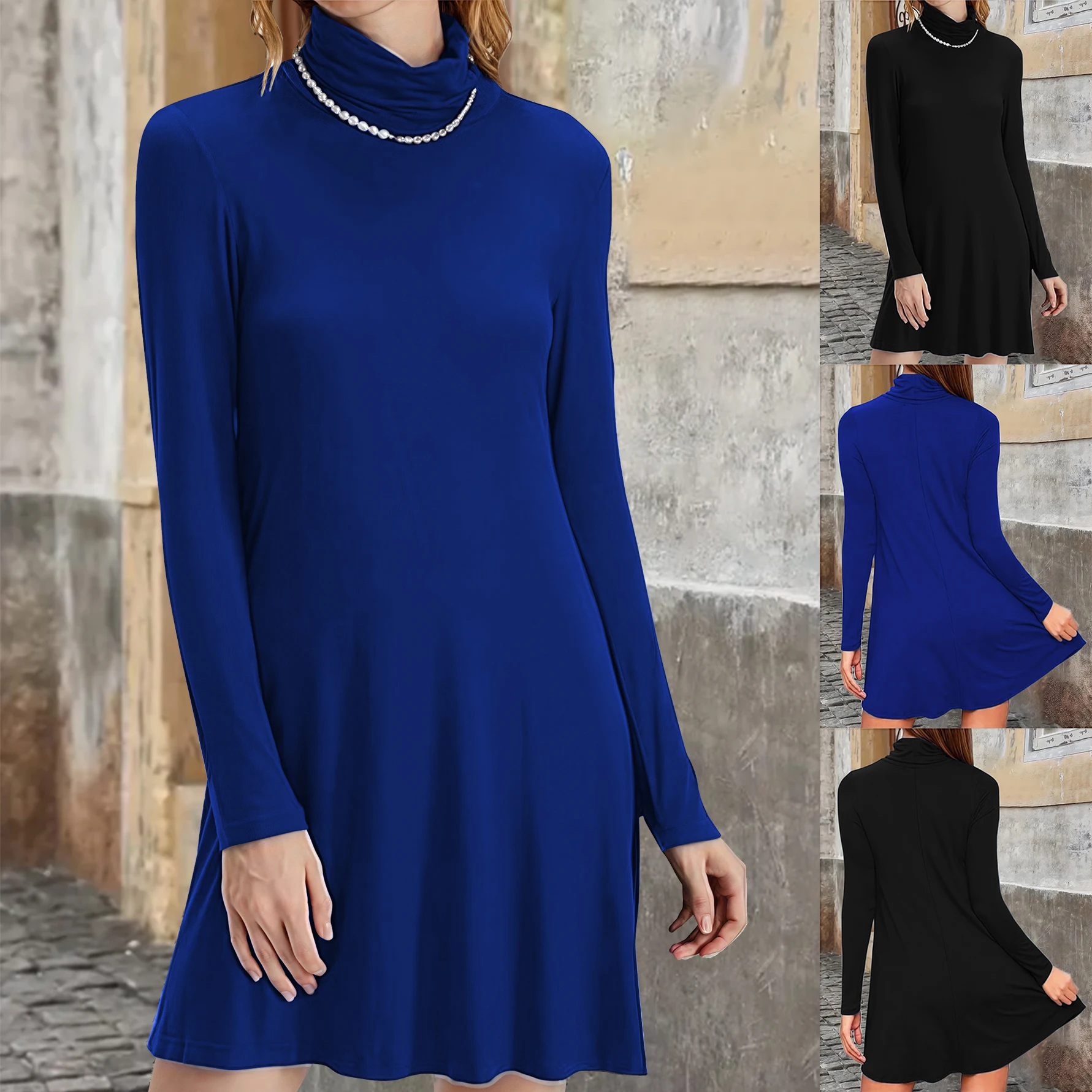

Элегантное однотонное платье с высоким воротником для женщин, офисная одежда больших размеров, универсальное осенне-зимнее платье с длинными рукавами