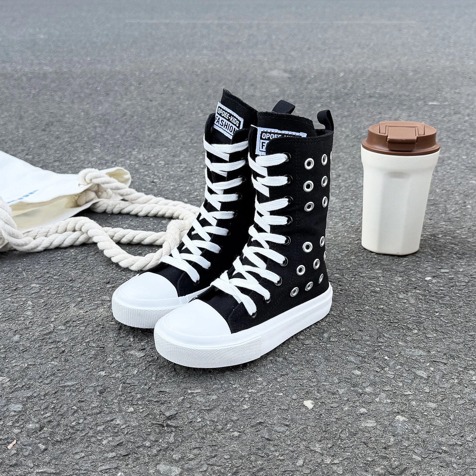 5055 Children's Breathable High Top Canvas Shoes, Boys' and Girls' Cloth Shoes, Solid Color Board Shoes, Lace up Shoes Soft
