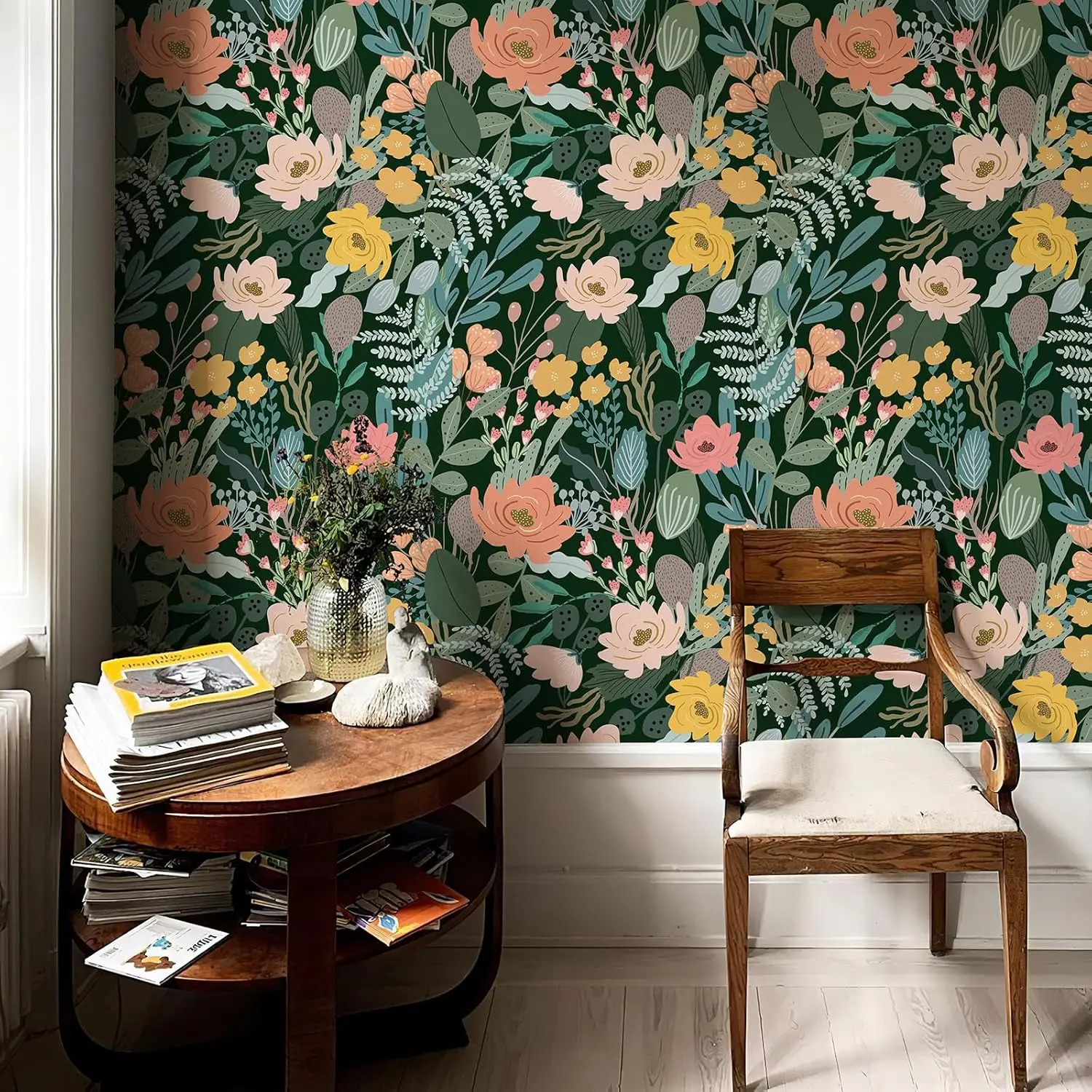 

Floral Peel and Stick Wallpaper Boho Dark Green Self Adhesive Wallpaper Removable Contact Paper for Living Room Wall Decor
