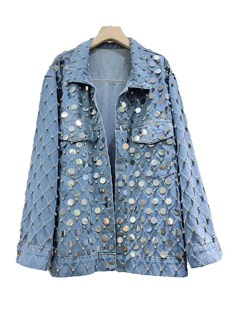 DEAT Fashion Women's Denim Coat Diamond Sequins Single Breasted Long Sleeve Do Old Blue Jackets 2024 Spring New Items 29L7377