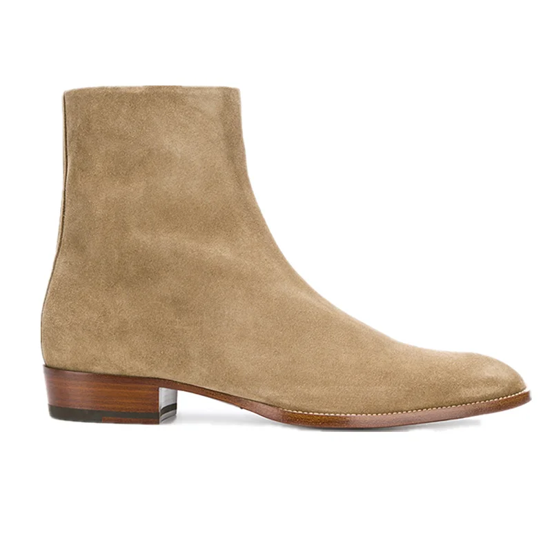 Handmade Customized Genuine Leather Men 4cm Heel Suede Zipper Wedge Chelsea Boots