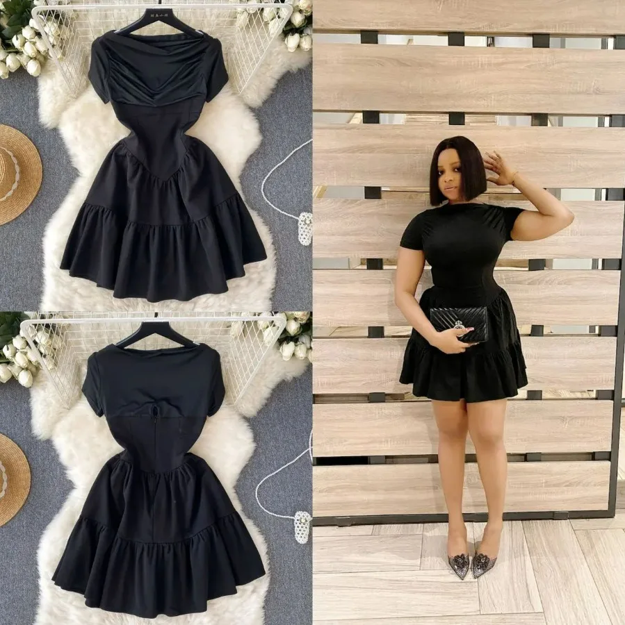 

BKLD Spring New French Women Clothing 2025 Solid Color Black Dress Fashion Party Short Sleeve Pleated Puff Dress High Waist