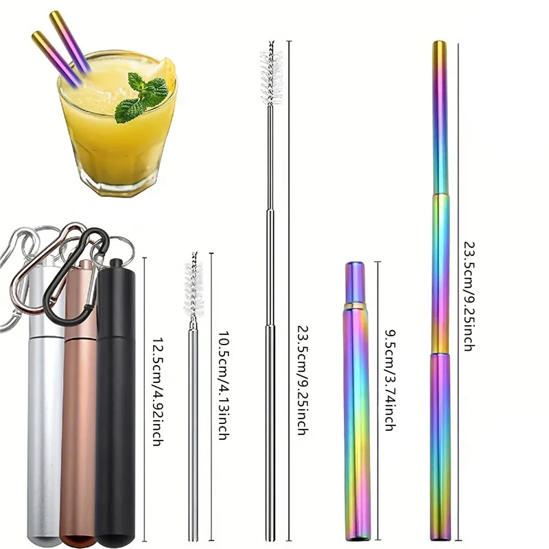 Reusable Stainless Steel Straws with Aluminum Keychain Case Cleaning Brush Collapsible Telescopic Portable Drinking