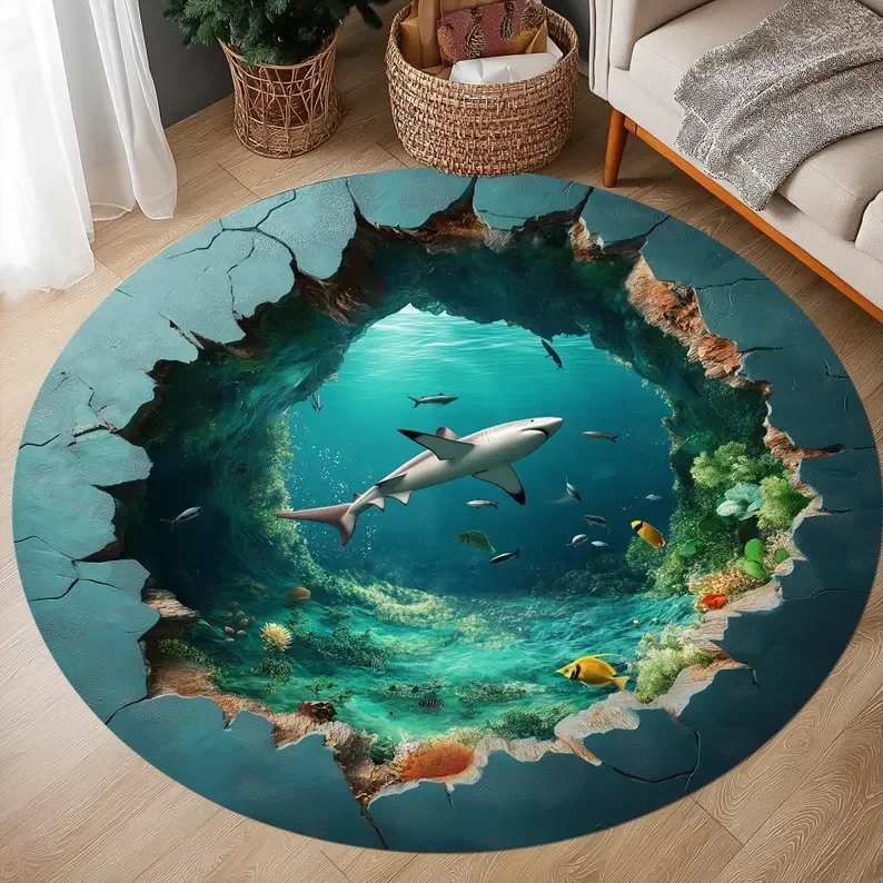 3D Underwater World Round Carpet - Broken Floor Design with Sharks & Fish, Non-Slip & Durable Rug, Stunning Visual Effect