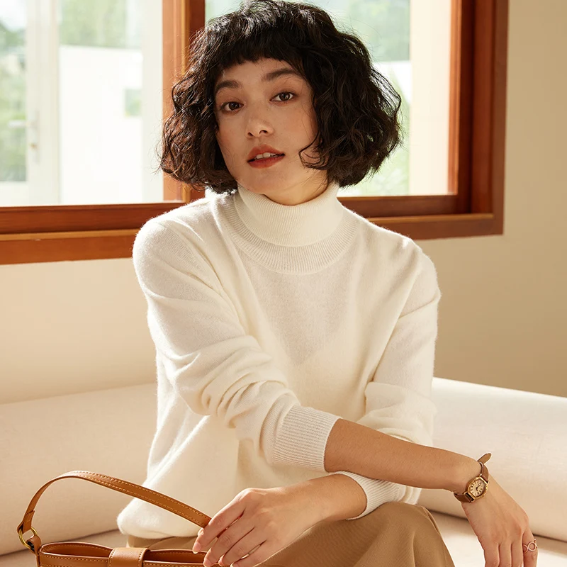 

2025 Autumn/Winter New Women's Sweater 100% Cashmere High Collar Knitted Hoodie Solid Color Casual Women's Top