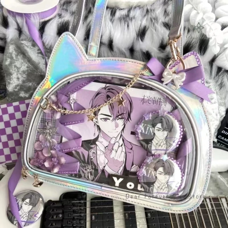 Y2K Cute Sweet Cat Ita Bag Japanese Lolita Transparent Crossbody Kawaii Party Shoulder Bag Badge Display Messenger Bag For Girls