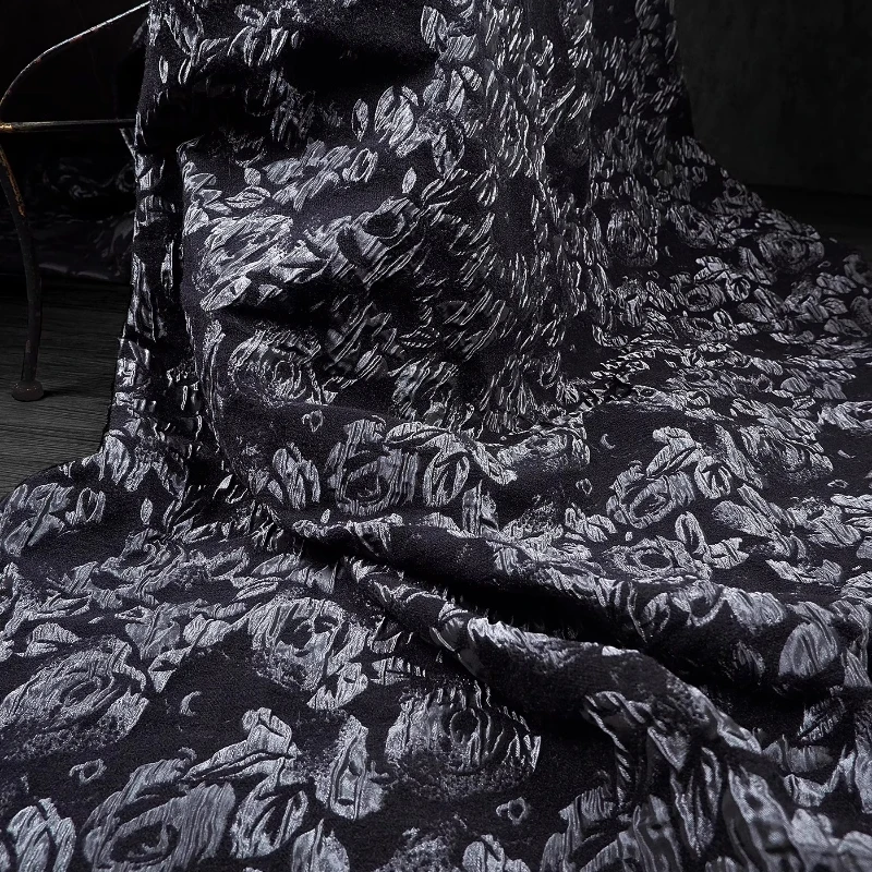 

Black Rose 3D Puff Cotton Niche DIY Designer Fabric Jacquard Texture Material for Winter Coats Sewing Fashion Women's Dresses