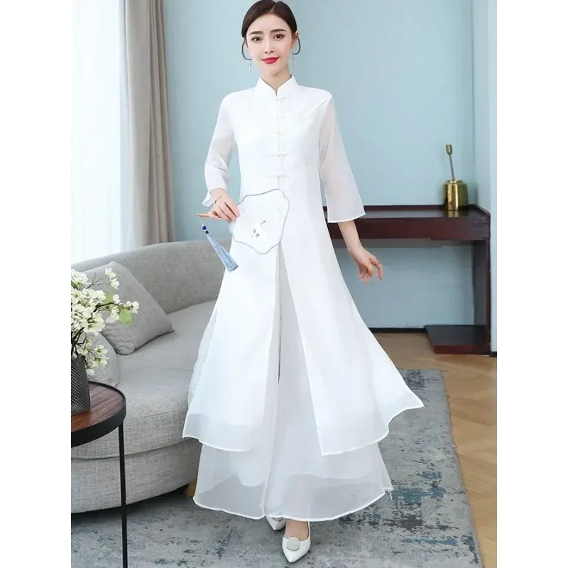 Women Traditional Style Wide Leg Pants Sheer Fabric Layered Design White Elegant Casual Daily Wear Long Trousers