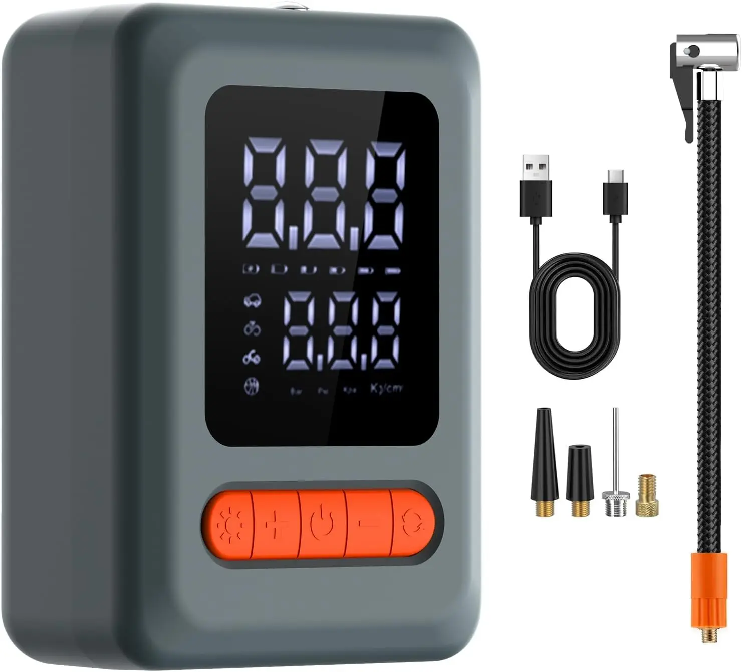 

Portable Tire Inflator with LED Light, Pressure Gauge, and Emergency Phone Charger for Cars, Motorcycles, Bikes