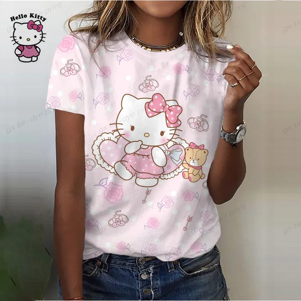 Hello Kitty T-Shirt da donna estate moda manica corta top stampa o-collo T-Shirt Casual per abbigliamento Y2k da donna Plus Size Tees