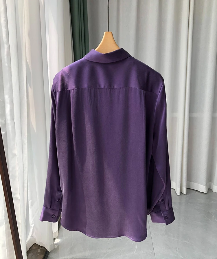 BirdTree,20MM 100% Silk Elegant Purple Shirts, Women Long Sleeve, Loose Double Pocket Casual Blouse, Spring Autumn T4D215JC