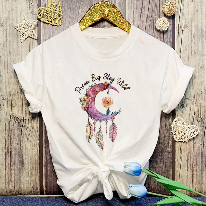 10 Colors Women Fashion Short Sleeve Tee Shirt Dream Big Stay Wild Moon Dream Catcher Print T Shirt Casual Loose Summer Cool T