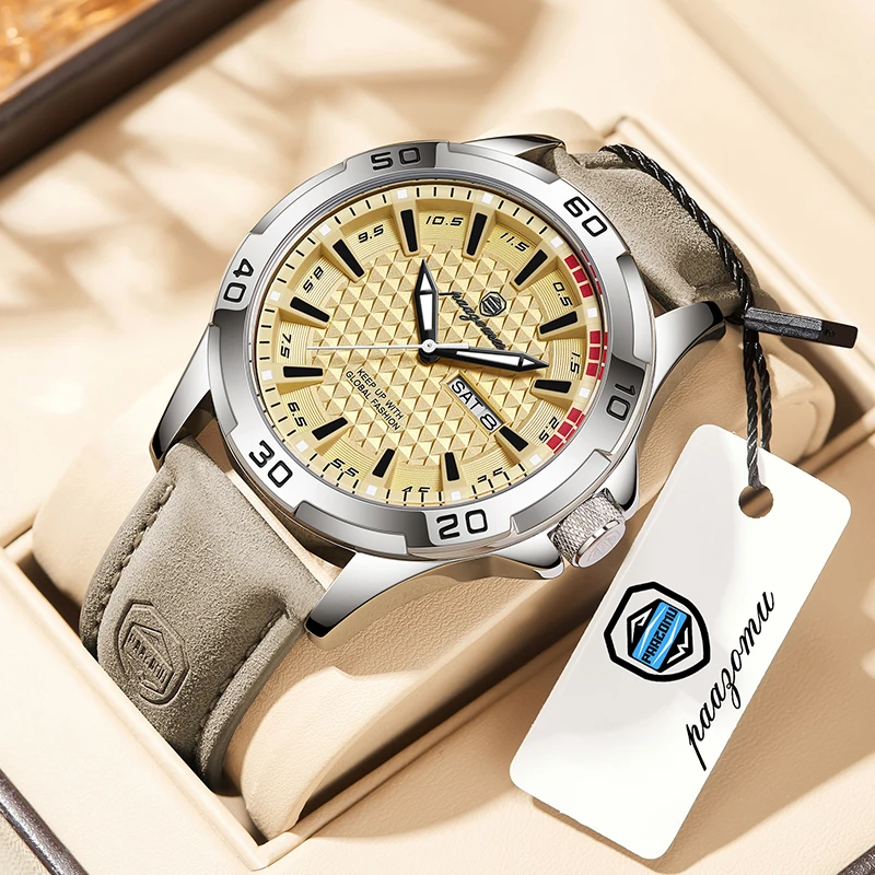 

Мужские наручные часы PAAZOMU класса люкс, водонепроницаемые, с подсветкой, датой и днем недели, кварцевые, высококачественные, повседневные, с кожаным ремешком