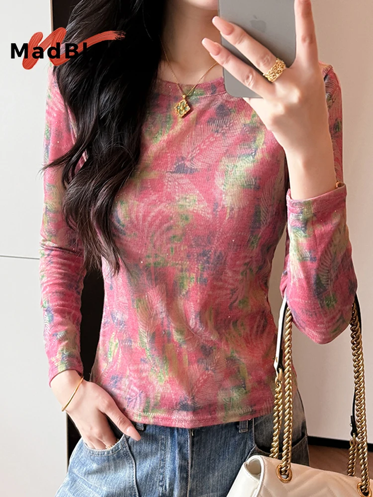 MadBlack-Women's European T-Shirt, Sexy O Neck Geometry Print, Streetwear Long Sleeve Slim S-3XL Tee, 2025 Autumn New T59632CC