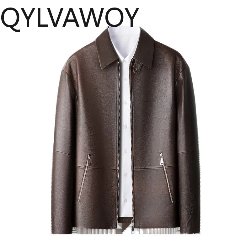 

Кожаная куртка QYLVAWOY из натуральной овчины для мужчин, с отложным воротником, осенне-зимняя коллекция 2025, свободный крой, модная модель