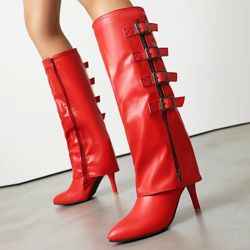 

Женские сапоги до колена, пикантные зимние туфли с отложным воротником 2025 года, черные, белые, красные, длинные ботинки на каблуке, обувь на молнии, большой размер 45, 48