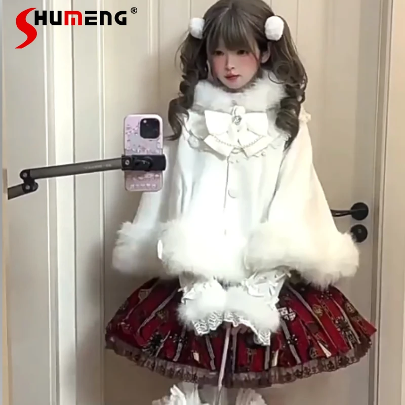 

New Autumn Winter White Lolita Cape Coat Japanese Rojita Y2k Sweet Cute Fleece-Lined Cloak Single-Breasted Top Jacket Outerwear