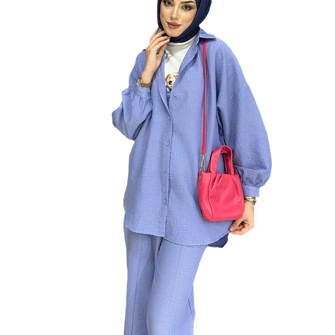 Women Eid Muslim Sets Single Breasted Two Pieces Cardigan Ensemble Kaftan Button Blouses Wide Leg Pants Arab Sporty Loose