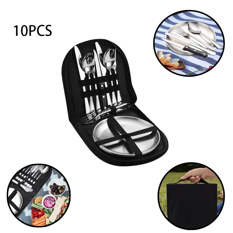 10 PCS Outdoor Camping Cutlery Organizer Utensil Picnic Set Stainless Steel Plate Spoon Knife Fork Tongs Hiking