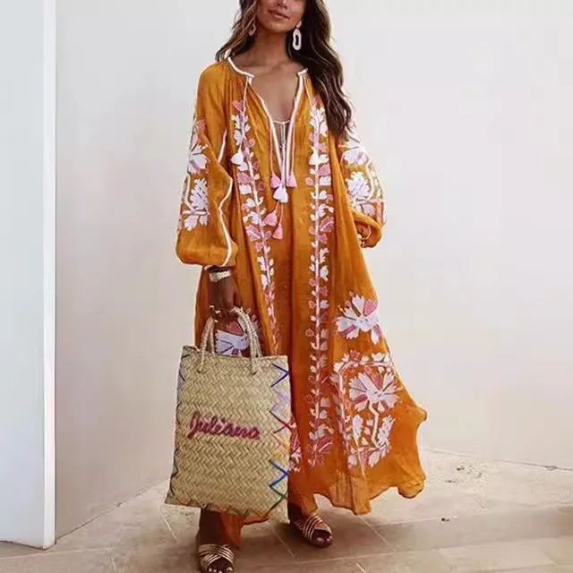 Vestido longo estampado boho feminino, vestido casual solto, decote em V, com renda, bainha grande, vestidos estilo longo, nova moda feminina, 2024