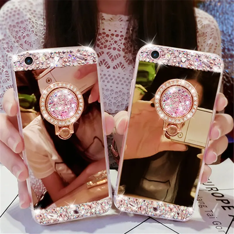 Fancy Diamond Bear Crystal Stone Finger Ring Stand Mirror Phone Case For iphone 15 Por 13 14 12 11 Pro Max X XS Max XR 7 8 Plus