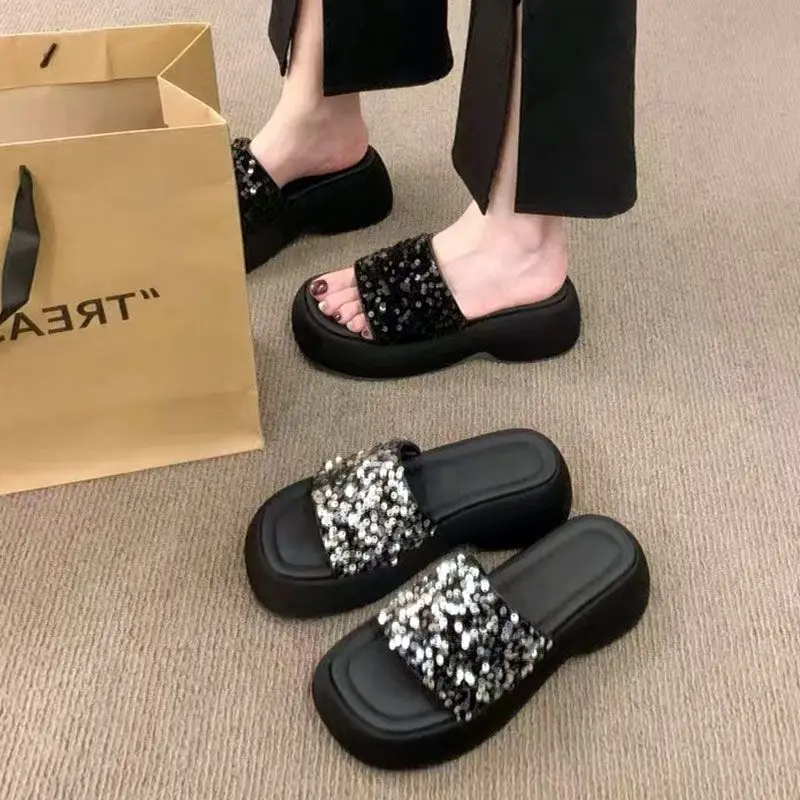 Chic Black Sequined Chunky Slides | Elevated & Eye - Catching, Perfect for Summer Daily & Street Looks