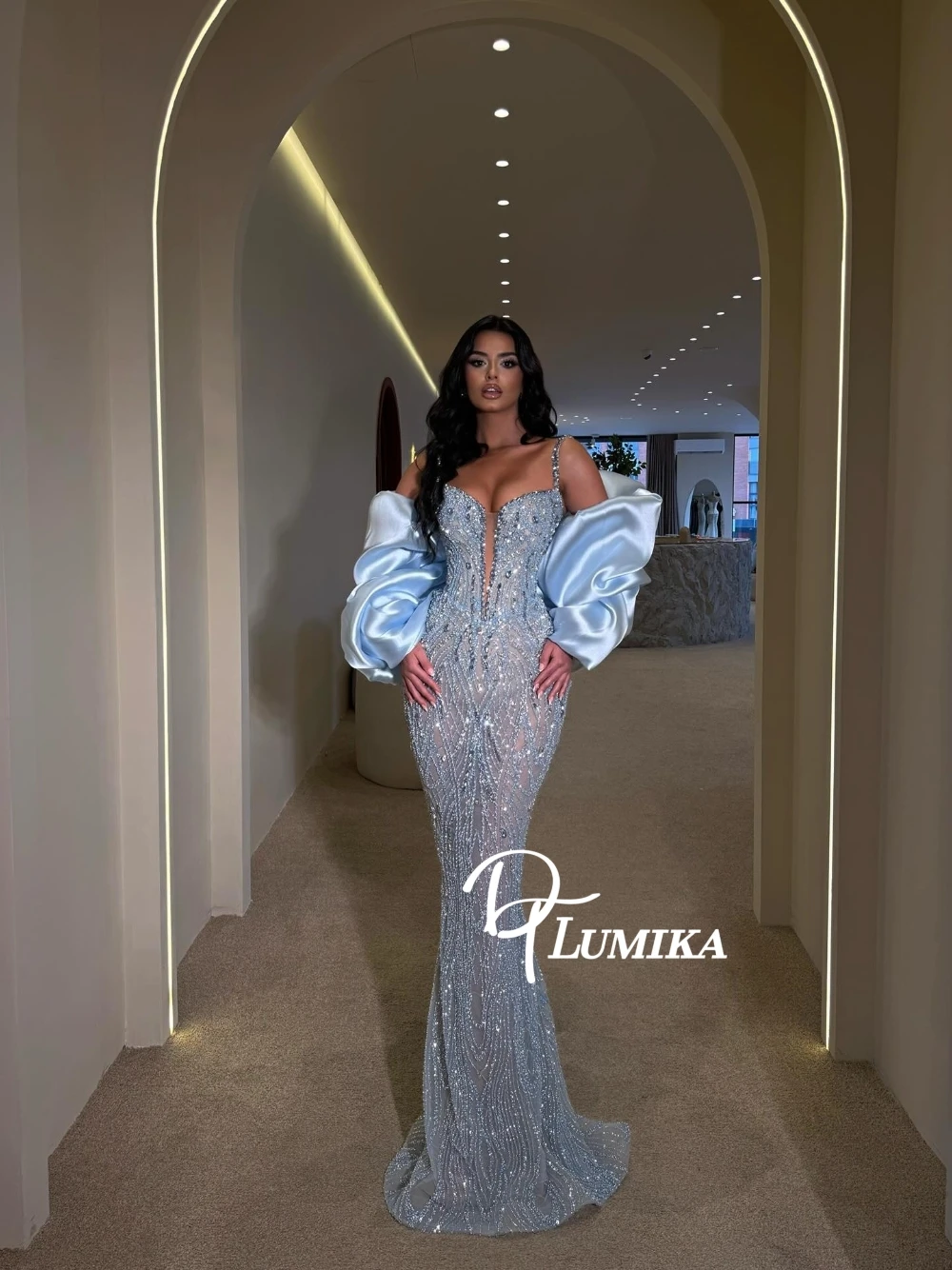 

Shimmering Mermaid Blue Evening Dress With Cape Glam Statement Crystals Sexy Plunge Neck Customized Cocktail Party Prom Gown