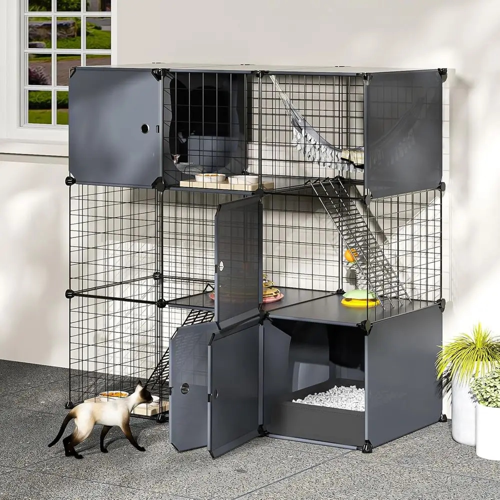 

Indoor/Outdoor 3-Tier Detachable Metal Cat Cage with Litter Box & Playpen for Medium Kittens