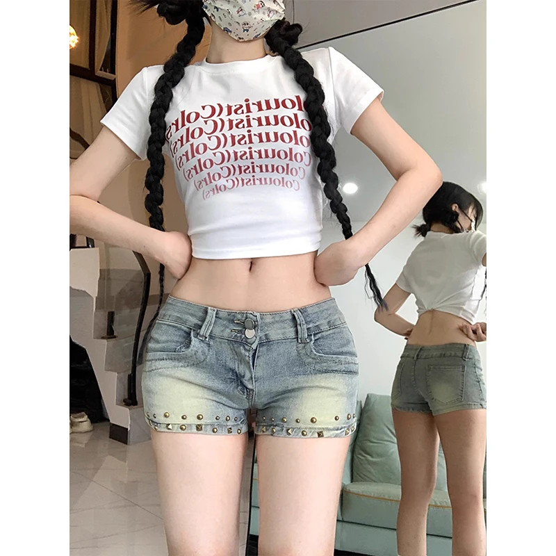 

New Dual Buttons Low Waist Denim Shorts Women Distressed Studded Slim Fit Hotties Bootypants Summer 2000s Vintage Y2k Streetwear