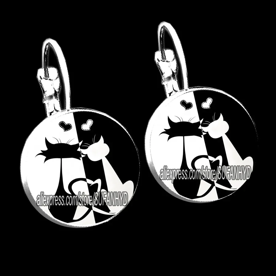 Cute Furry Cat Girl Stud Earrings Naughty Little Cat Glass Cabochon French Hook Earrings I Love My Cat Women Earrings jewelry