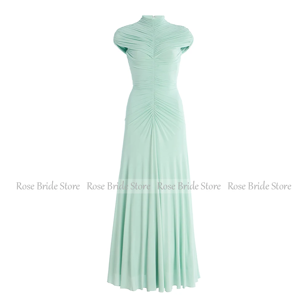 Mint Formal Party Dress Maxi Pleated Spandex Tulle High Collar Mermaid Evening Gowns for Women Cap Sleeve Ankle Length Prom Gown image 4