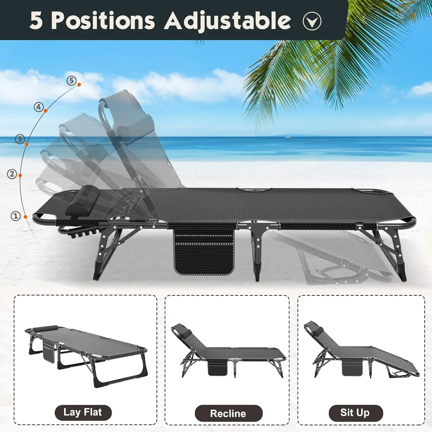 Folding Camping Cot with Mattress, Adjustable 5-Position Lounge Chaise Chairs Folding Bed Sleeping Cots Beds