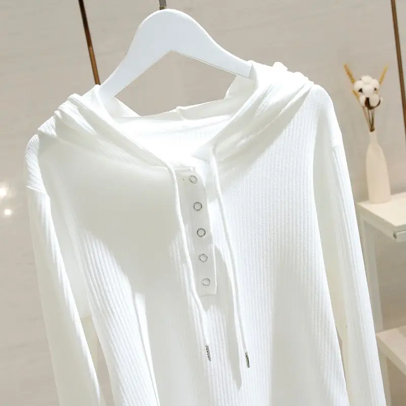 Fashion Solid Color Button Casual Lace Up Hooded T-Shirts Female Clothing 2024 Autumn New Loose Sweet Tops All-match Tee Shirt