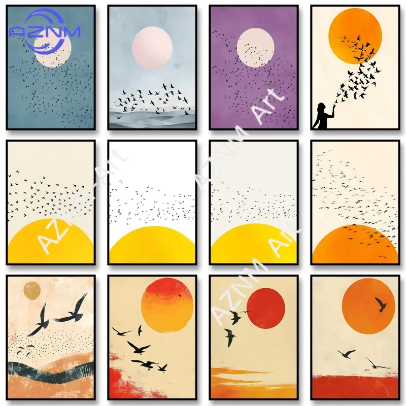 Japanisches minimalistisches Hahnentritt- und Sonnen-Leinwandposter, Vogel, der über die Sonne fliegt, Landschaft, Wandkunstdruck, Bild für Heimdekoration