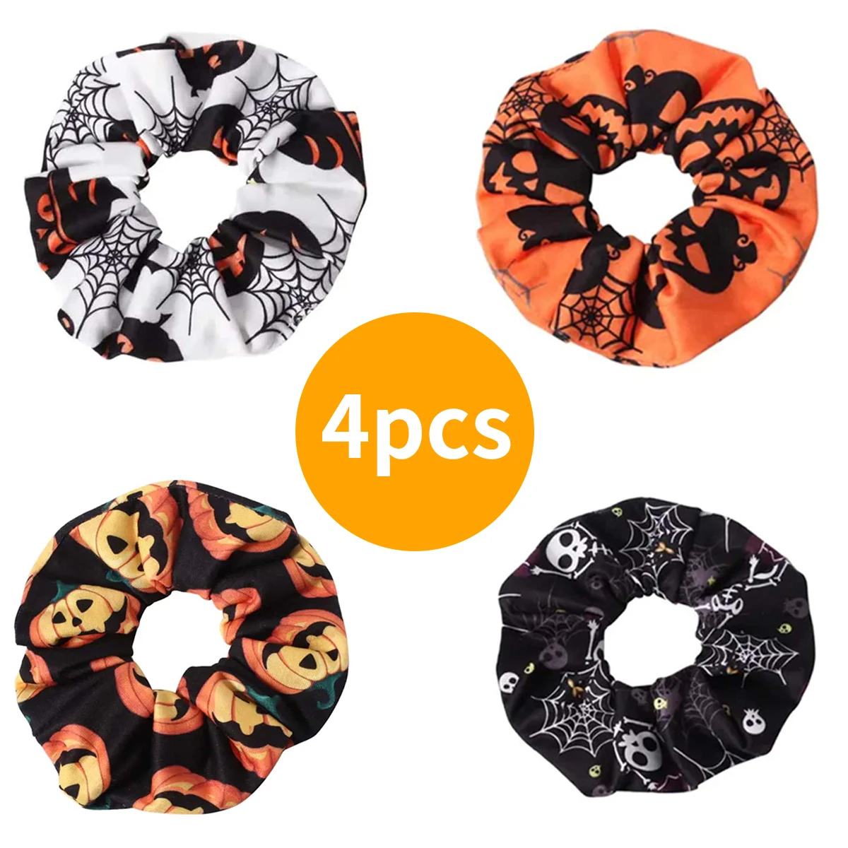 4pcs Halloween Hair Scrunchies Set - Spider Web, Pumpkin & Skull Prints | Soft Fabric Elastic Bands for Women and Girls | Perfec