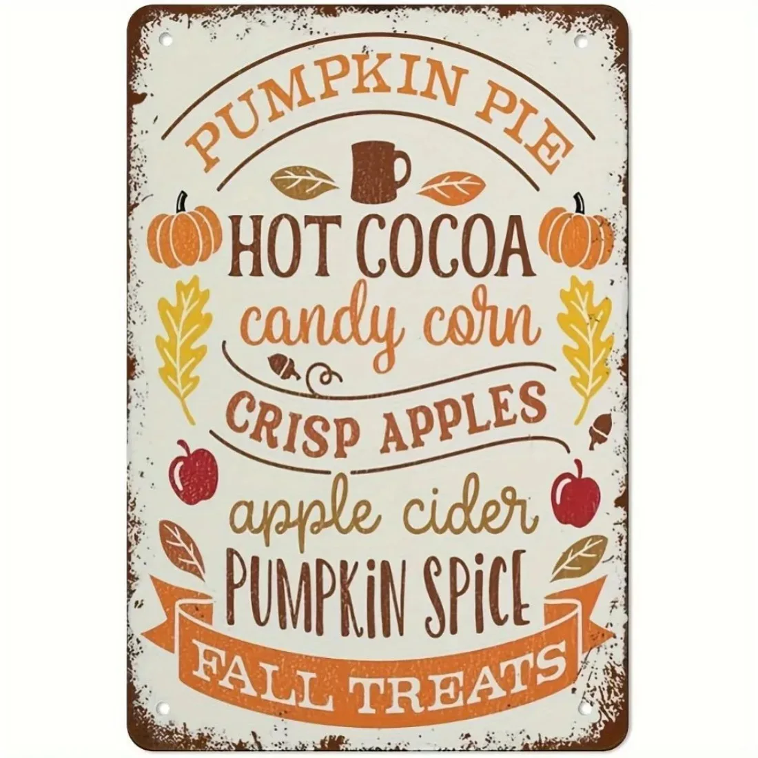 Letrero metálico vintage con motivos de otoño: decoración de pared con motivos de tarta de calabaza, chocolate caliente y sidra de manzana