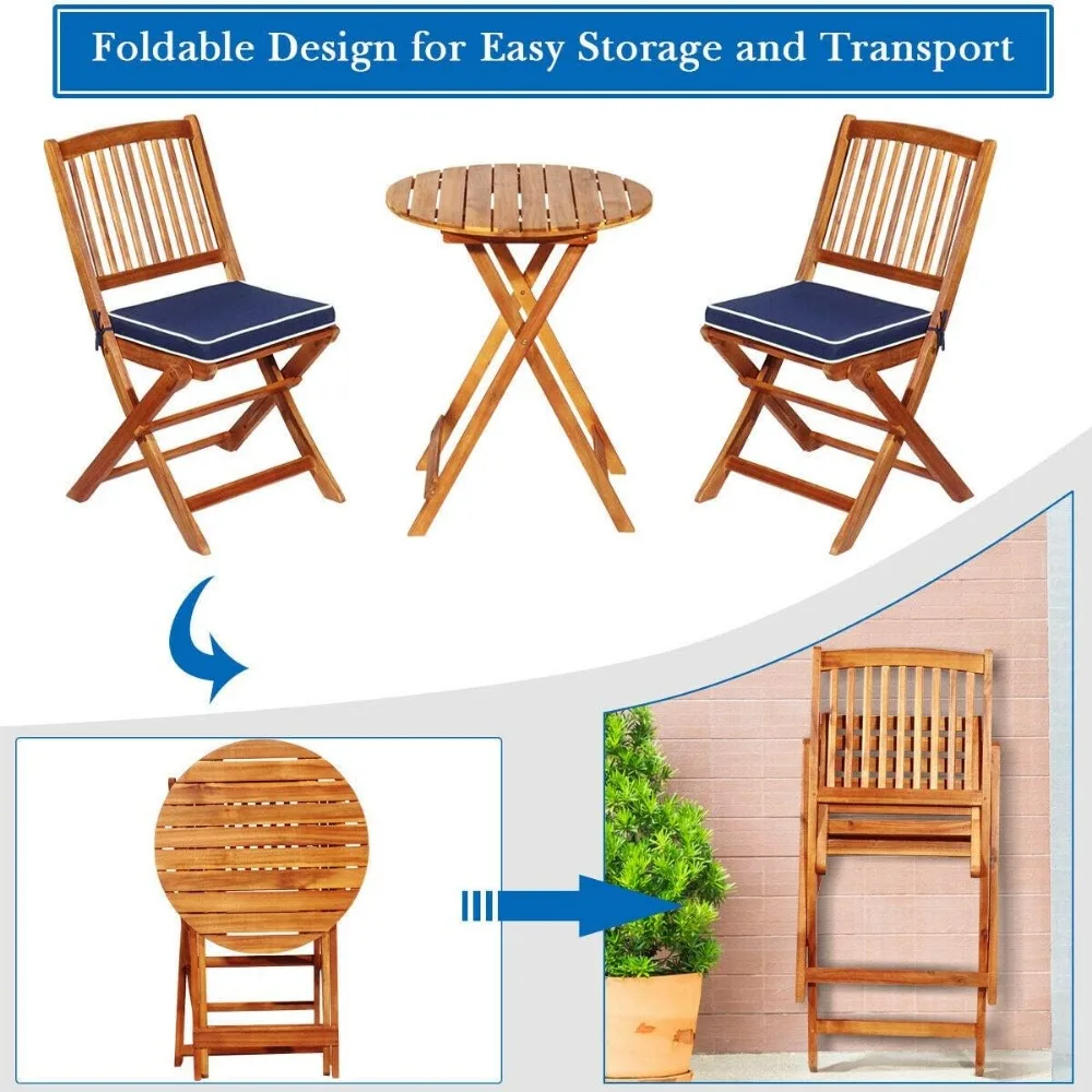 Ensemble de bistrot pliant avec chaise et table en bois d'acacia, coussin rembourré, table basse ronde, idéal pour l'extérieur, 3 pièces