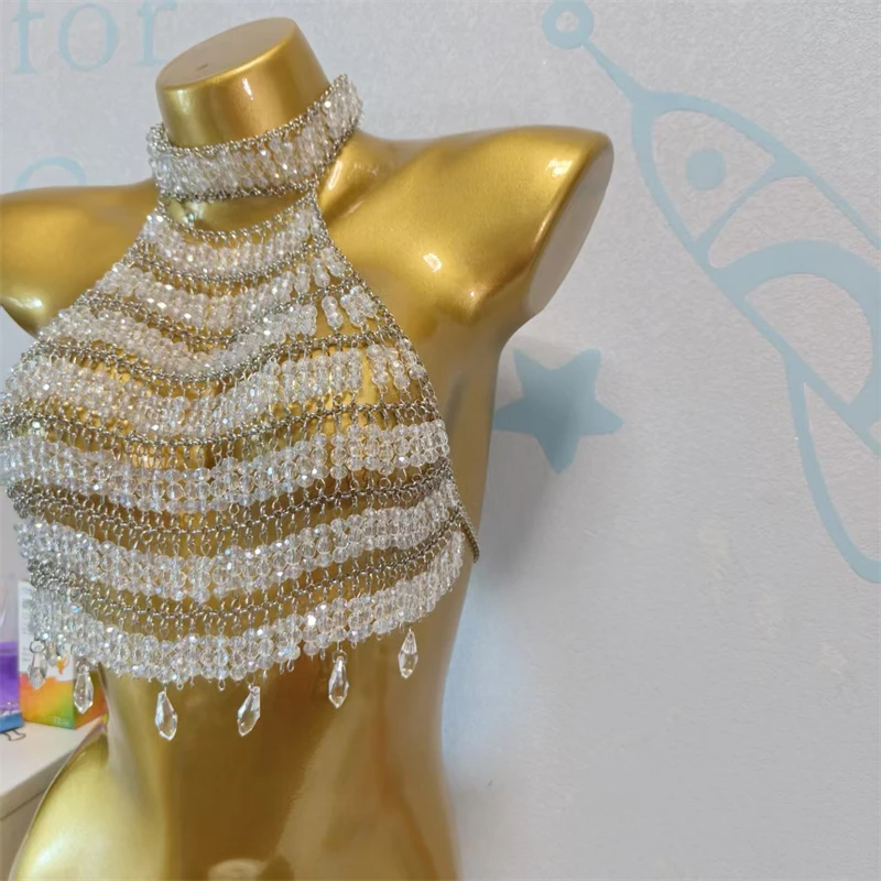 Vintage Funkelnde Mehrschichtige Perlen-Bodykette Halter-Crop-Top für Damen Kristall-Quasten Nachtclub-Party-BH Y2K Top Roupas+Feminina – Detail 3